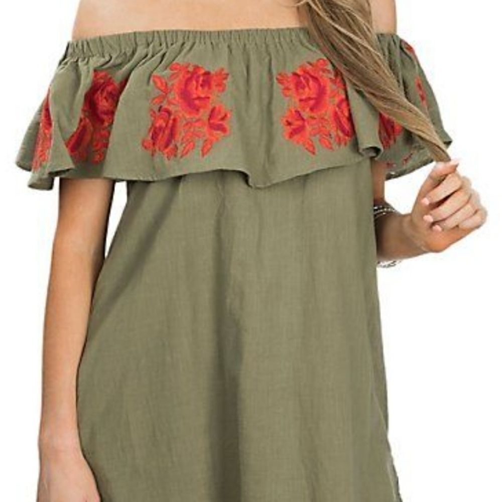 Umgee Olive Green Off-Shoulder Dress with Red Floral Embroidery